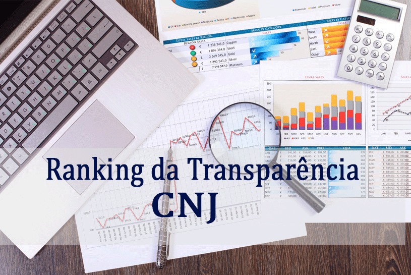 gráficos, computador, lupa e calculadora com o texto ranking da transparência do CNJ