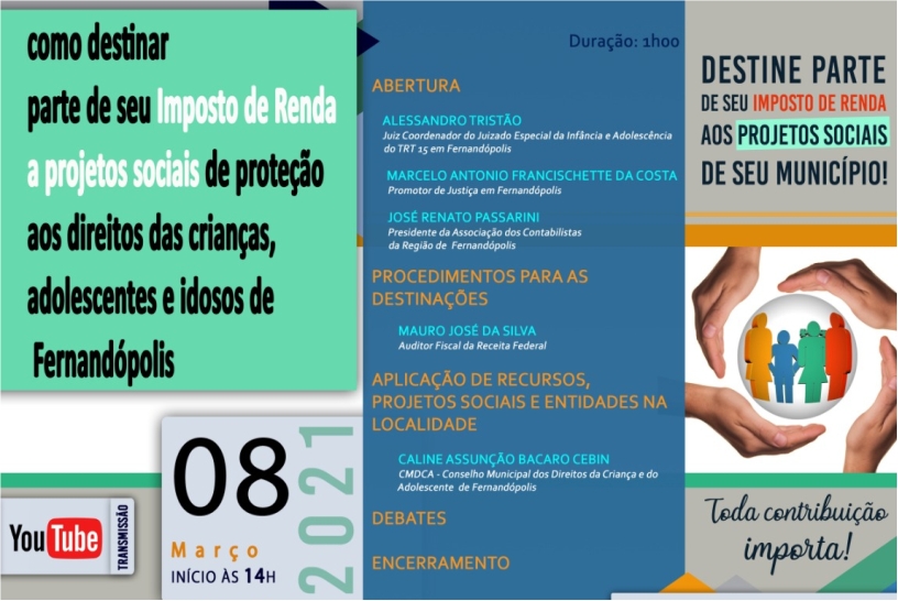 Destinação de IR para projetos sociais é tema de webinário em Fernandópolis