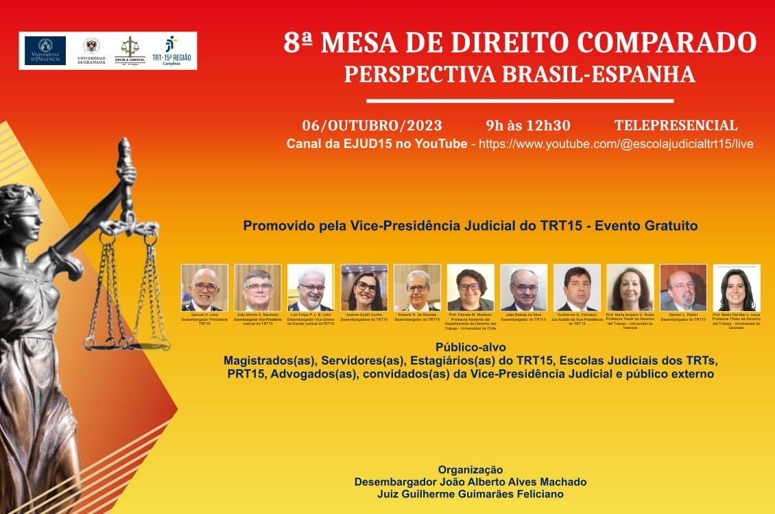 retângulo laranja e vermelho, com a estátua da justiça na lateral esquerda, traz a programação  da Mesa de Direito Comparado Brasil/ Espanha e as fotos de todos os participantes