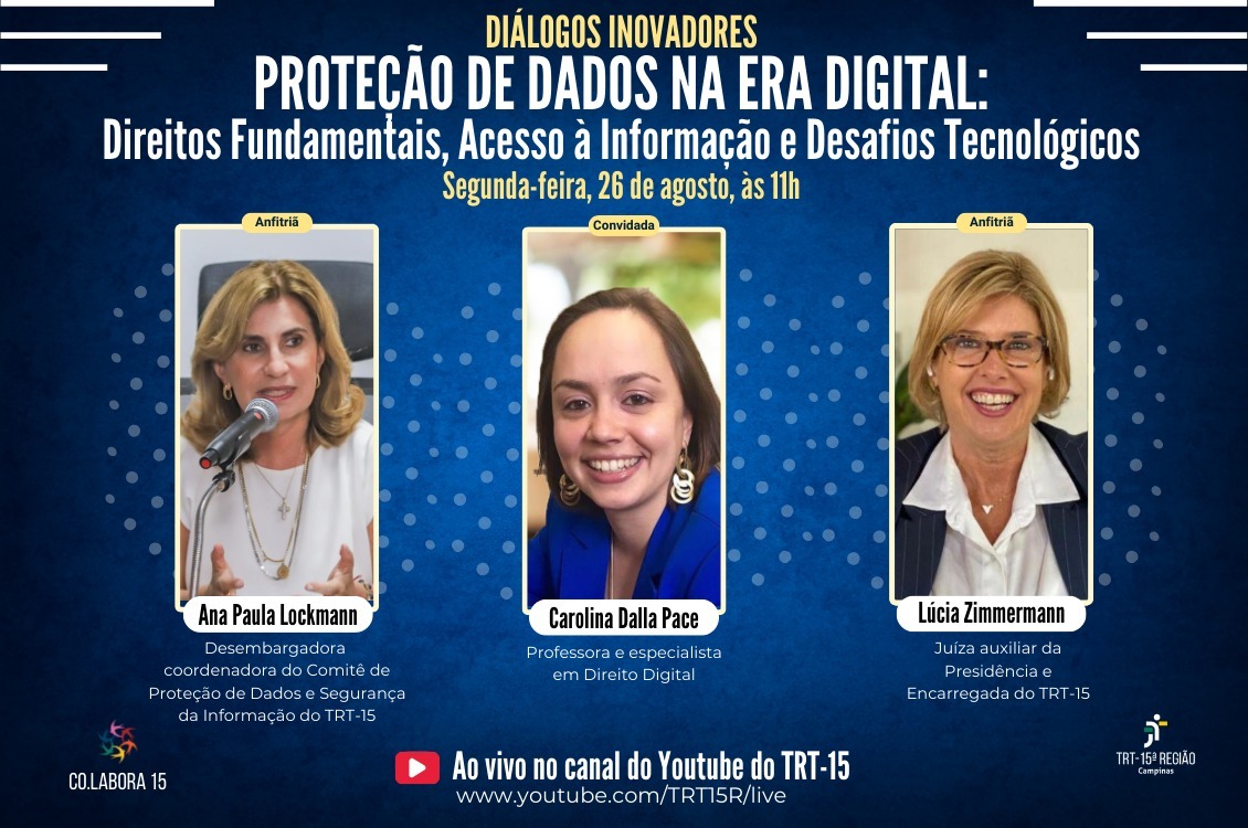 Banner com as informações do evento ilustrado com a foto das três palestrantes.  