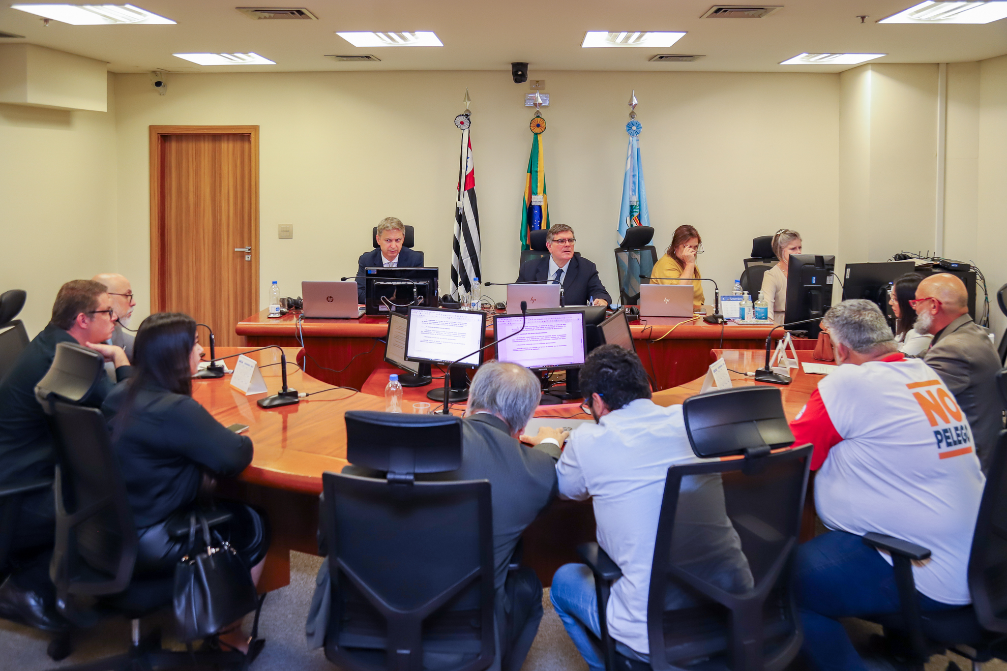  Dr. João Alberto preside a audiência ao fundo, com acompanhamento dos representantes das partes 