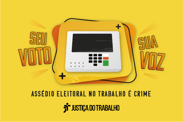 identidade visual da campanha com quadro amarelo e urna eletrônica no centro, e slogan