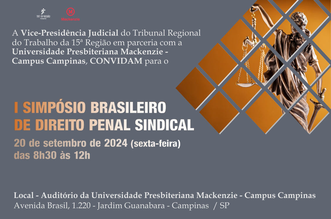 Banner com as informações do evento: I Simpósio Brasileiro de Direito Penal Sindical, no dia 20/9, das 8h30 às 12h.