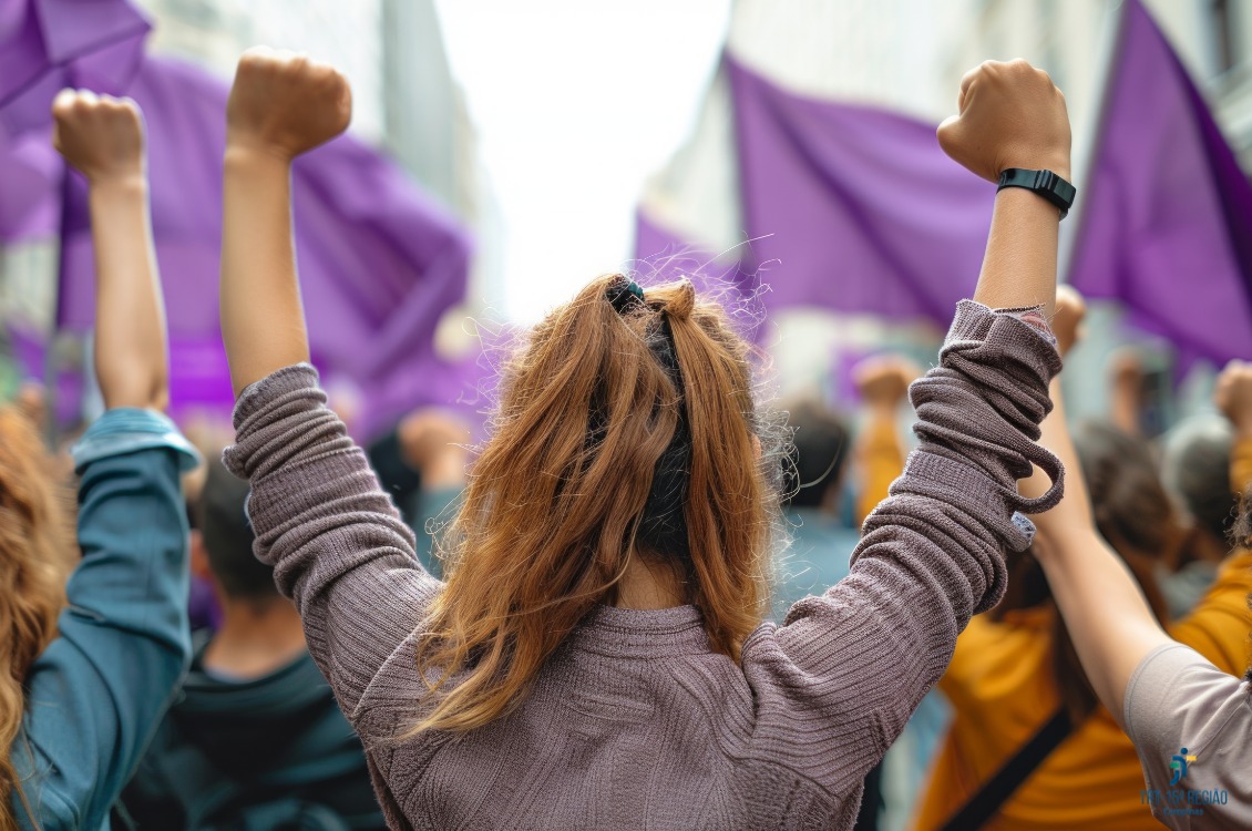 Banner retrata algumas mulheres de costas, com os dois braços levantados e punhos cerrados. Ao fundo, bandeiras na cor roxa.