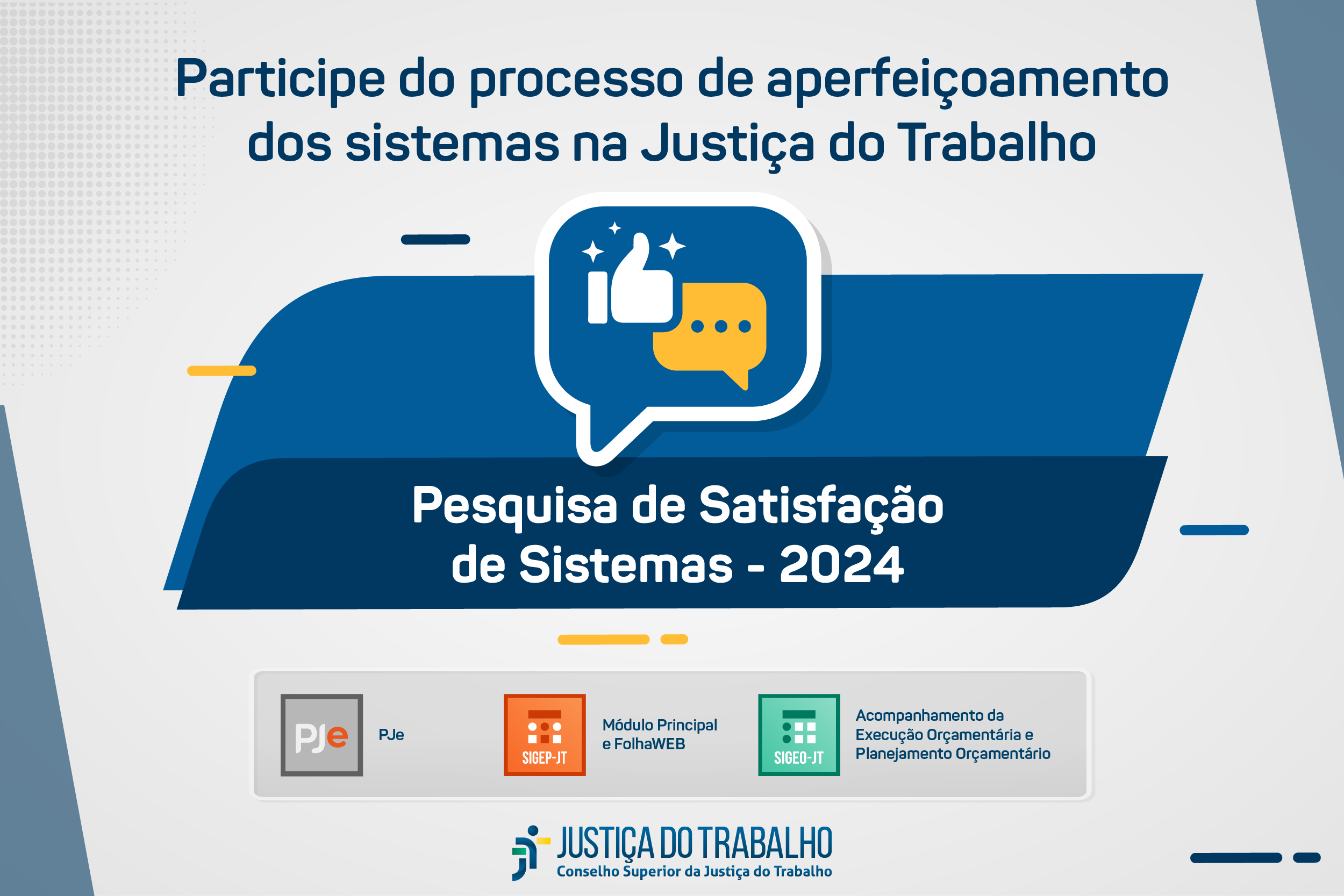 Fundo cinza com com elementos em paralelogramo ao centro em tons de azul. A frente está um balão com um ícone de uma mão fazendo joinha.