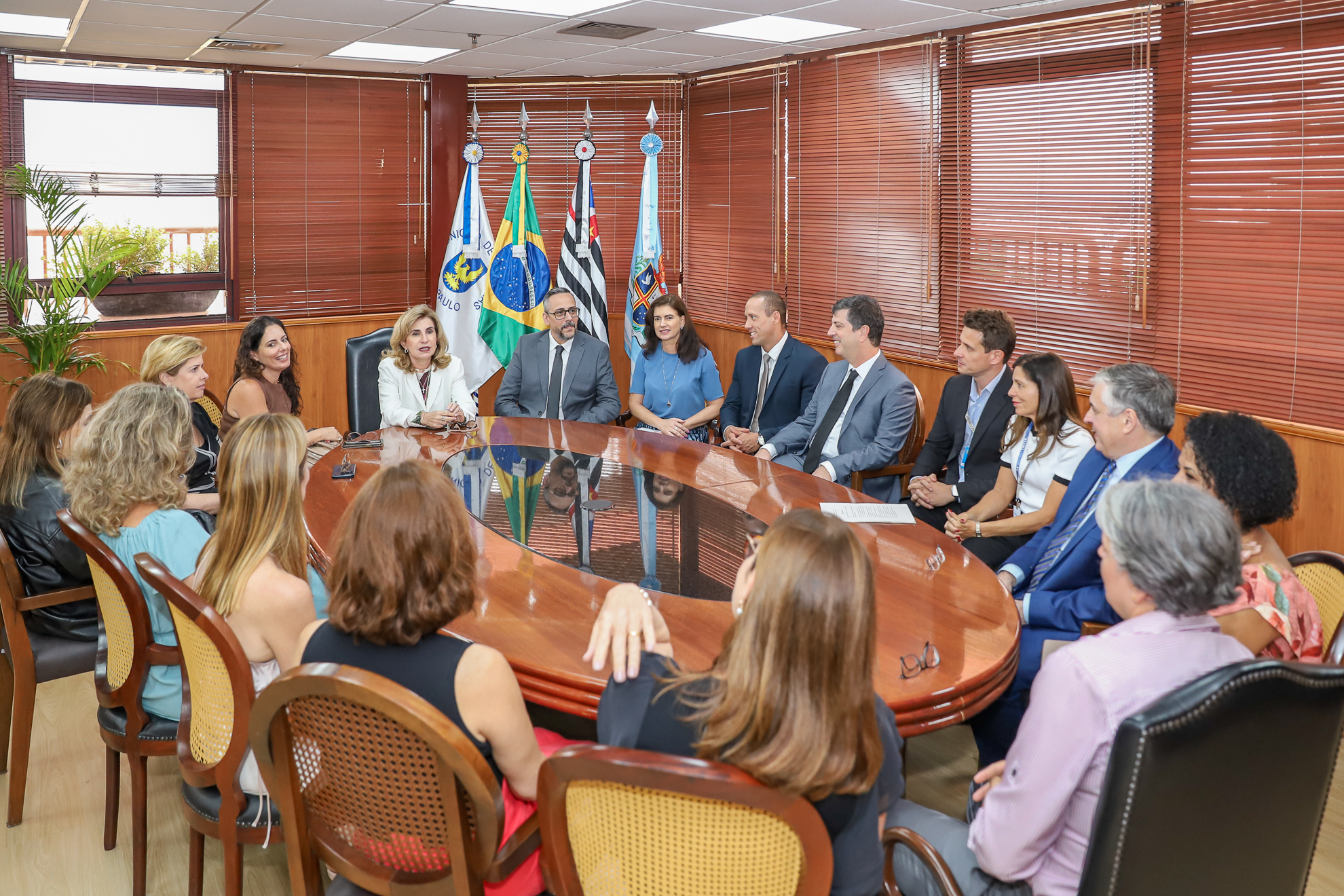 Dra. Ana Paula e os magistrados estão sentados à mesa oval de madeira no Gabinete da Presidência 