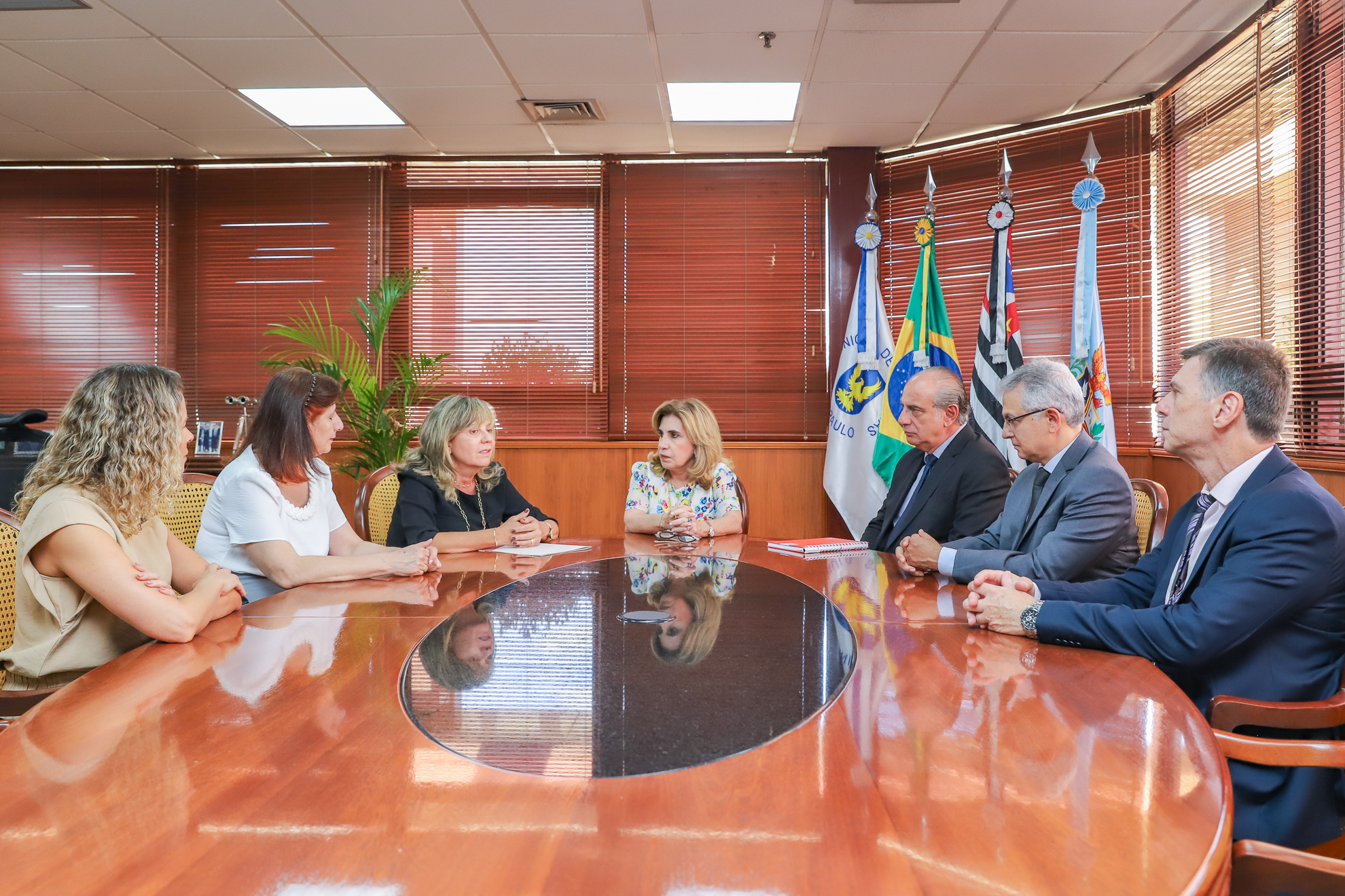 Participantes da reunião estão sentados à mesa de madeira no Gabinete da Presidência