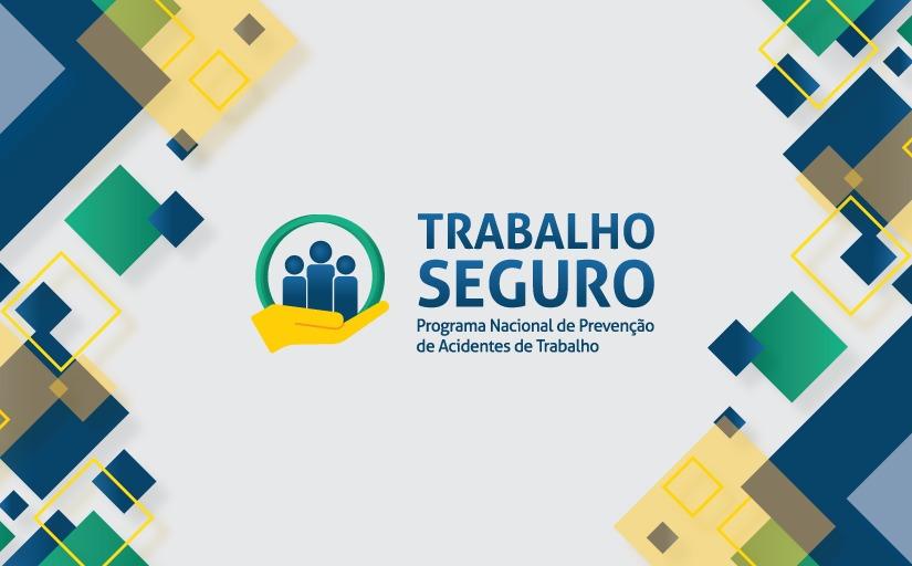 logotipo do programa trabalho seguro no centro, com grafismos em tons verde, amarelo e azul nas  laterais