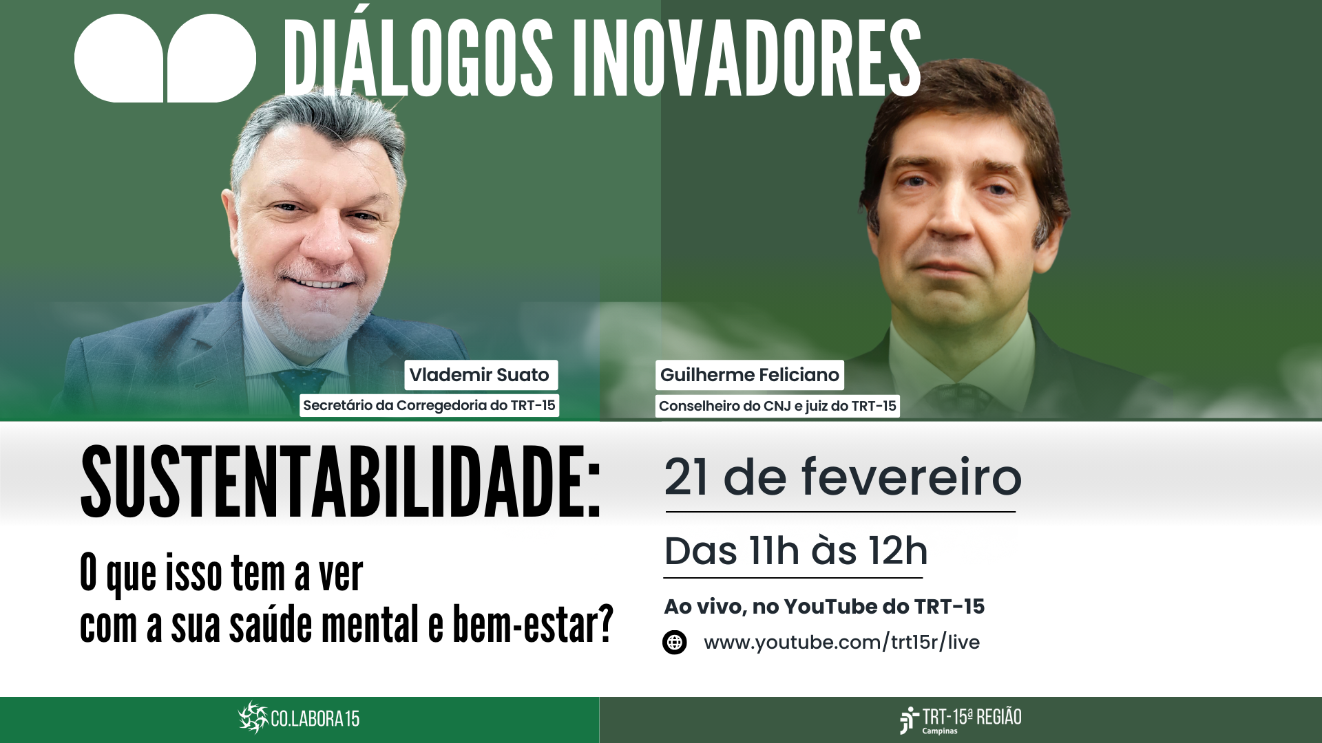 Banner com as informações do evento: sexta-feira (21/02), das 11h às 12h