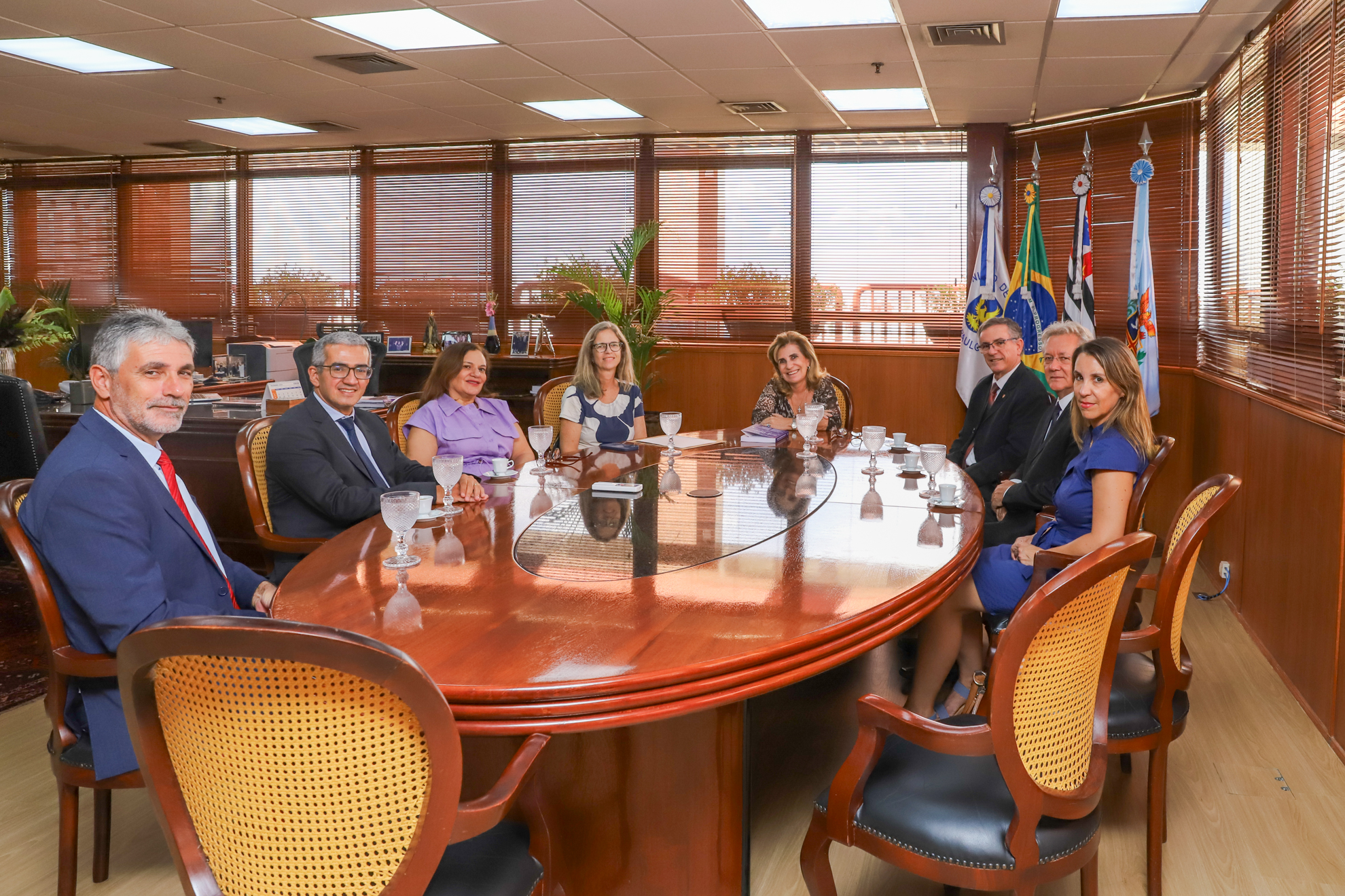 Dra. Ana Paula preside reunião em mesa oval de seu gabinete composta pelos magistrados e servidora