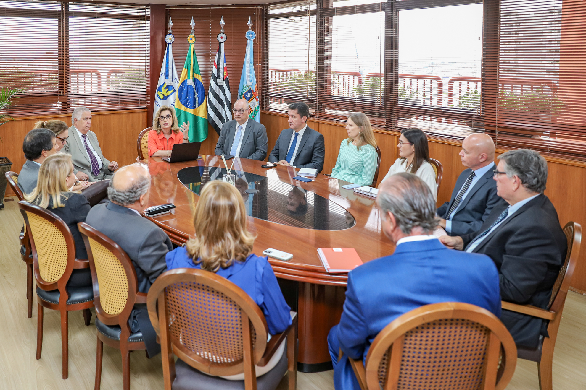 Dra. Ana Paula preside reunião com os desembargadores sentados à mesa-redonda no gabinete da Presidência