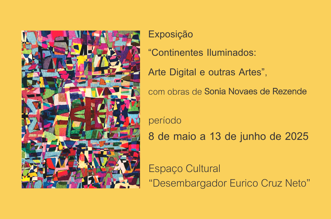 quadro de fundo amarelo com obra colorida e abstrata da artista à esquerda da tela. À direita, informações sobre o vernissage