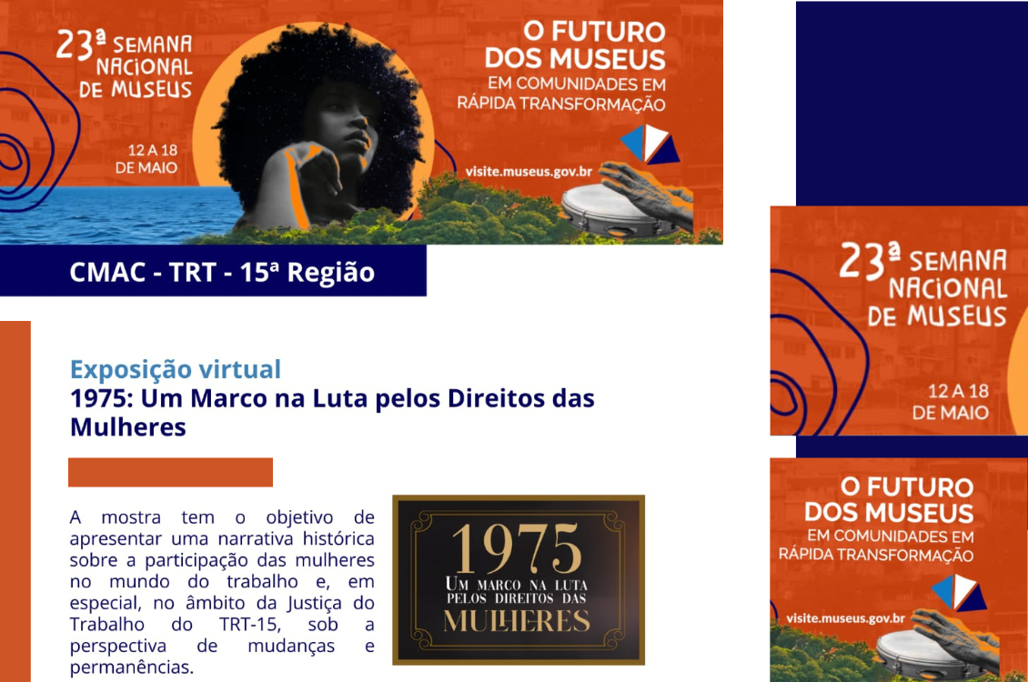 quadro laranja e azul com fundo branco, trazendo informações sobre a mostra e a Semana dos Museus