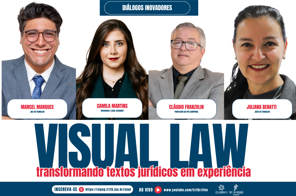 quadro de fundo branco, com as fotos dos palestrantes, identificação e informações sobre data, horário e tema do evento em azul e vermelho