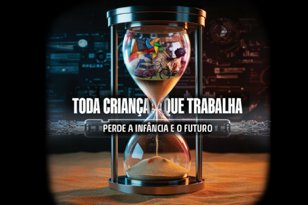 imagem com uma ampulheta e brinquedos dentro dela, na parte de cima. Abaixo, o slogan da campanha.
