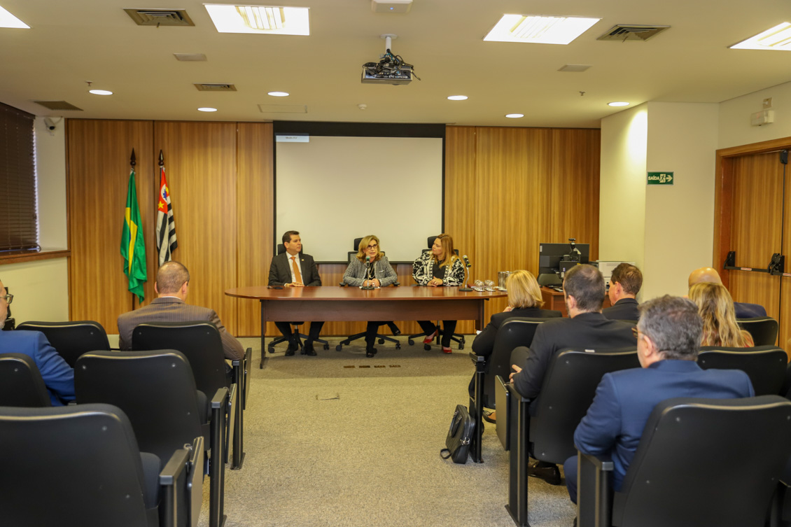Mesa de trabalhos composta pela Dr. Marcello, Dra. Ana Paula, que está ao microfone, e Dra. Keity. Em primeiro plano, pessoas estão acompanhando a explanação, sentadas nas cadeiras do auditório