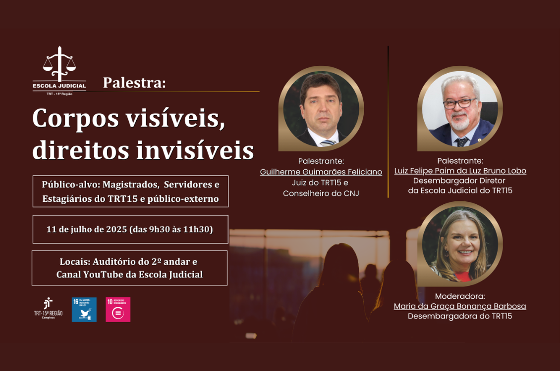 quadro de fundo marrom com as fotos dos palestrantes e dados sobre o evento