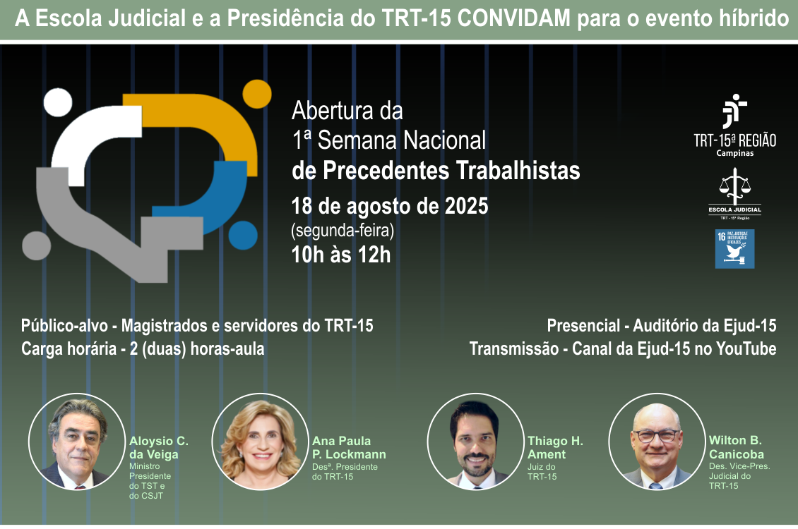 Banner explicativo do evento: data 18/8, das 12h às 12h, no auditório da EJud 15.