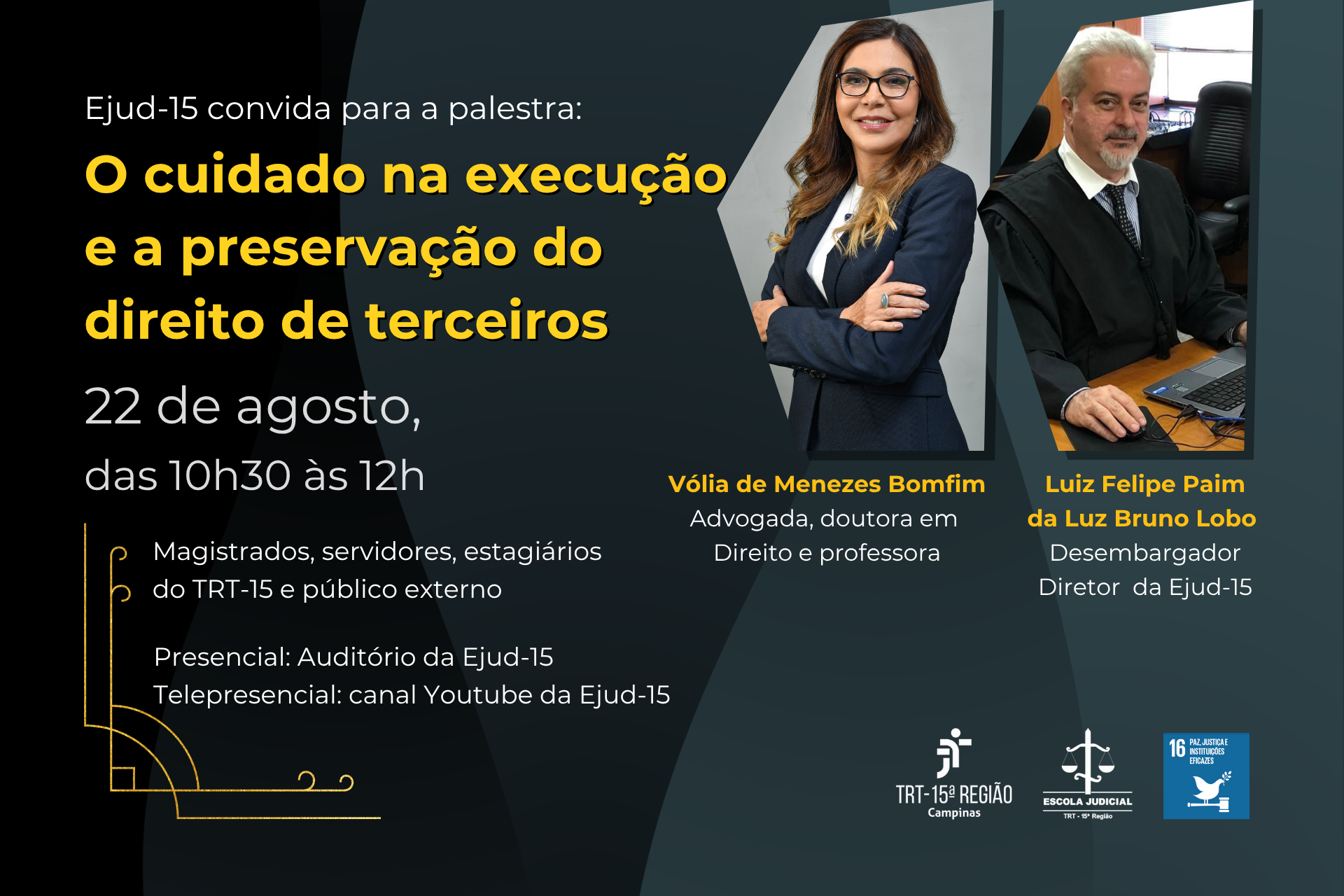 quadro de fundo escuro, com a foto da palestrante, do apresentador e informações de serviço