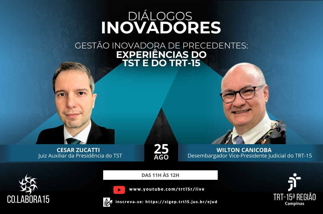 Banner explicativo do evento: Gestão Inovadora de Precedentes no dia 25/8, das 11h às 12h, no Co.Labora15