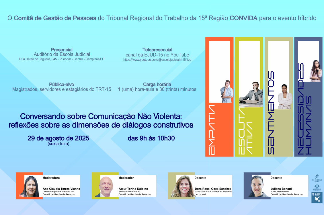 Banner explicativo do evento: 29 de agosto às 9 horas na Escola Judicial.