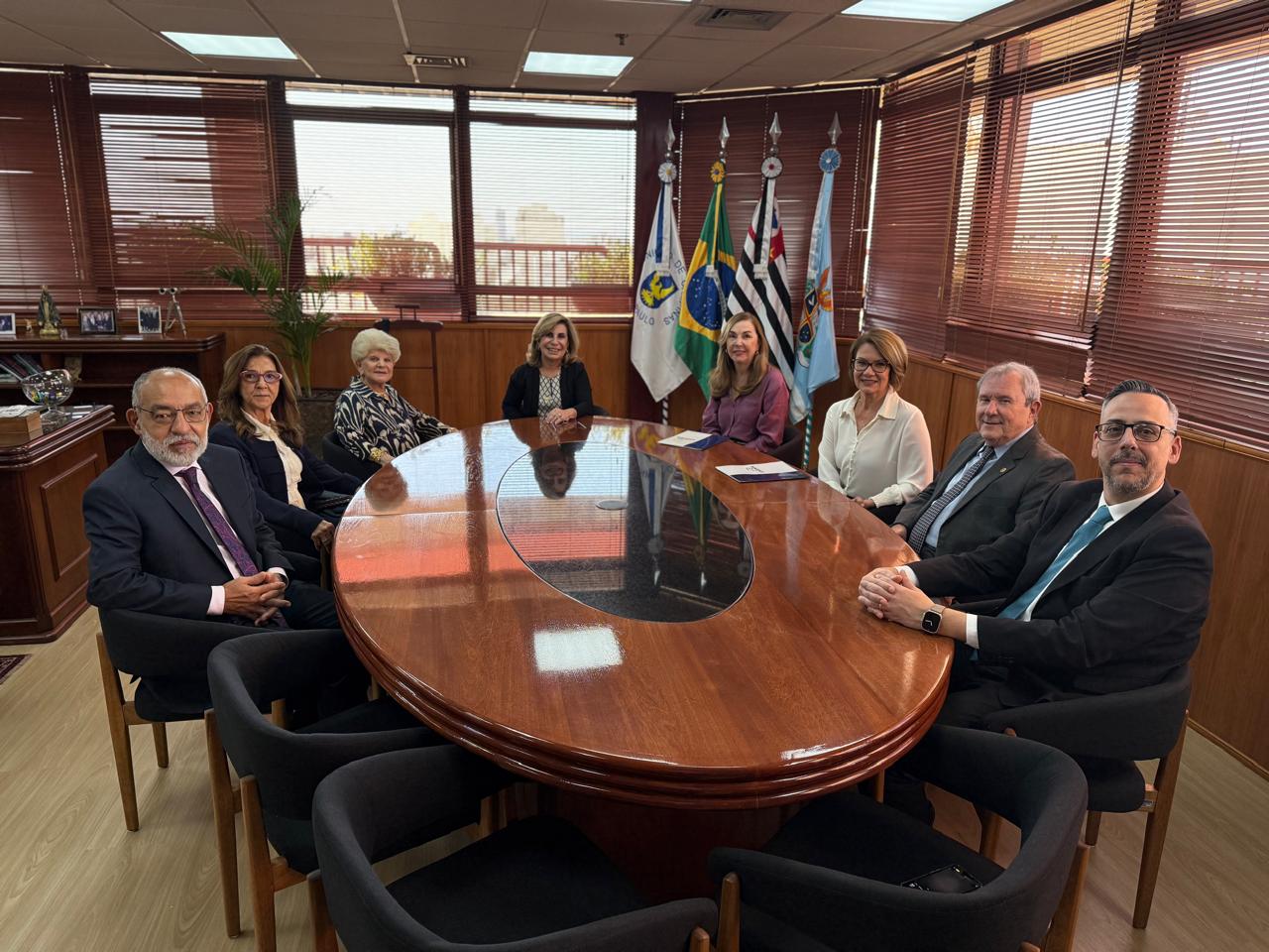 cinco mulheres e três homens sentados à uma mesa redonda