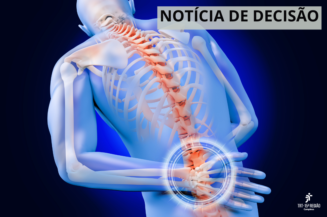 A imagem mostra uma figura humana transparente destacando a coluna vertebral em vermelho, com foco em dor lombar