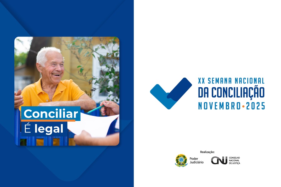Imagem dividida em duas partes: um retângulo azul com foto de um senhor com camiseta amarela e o dizeres Conciliar é Legal. na outra parte, de cor branca,  informações da campanha escritas em azul