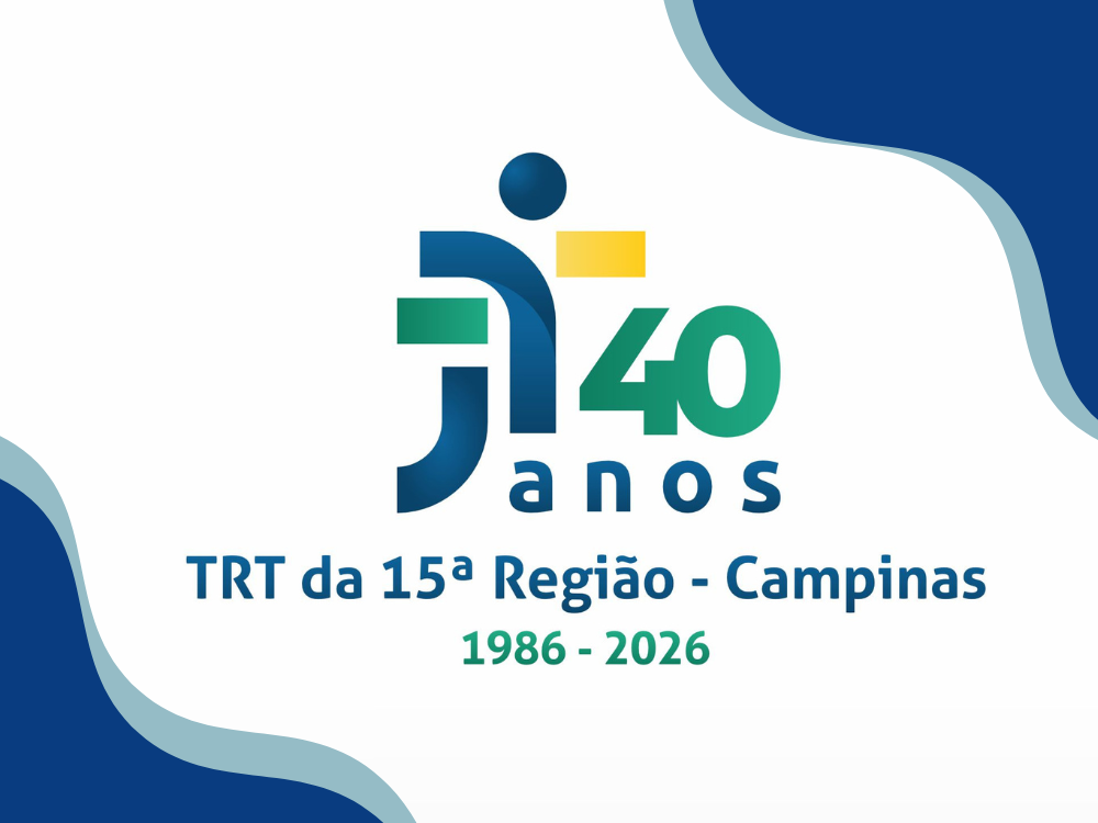 imagem do logotipo estilizado em tons de amarelo, azul e verde e os dizeres 40 anos, TRT da 15ª Região - Campinas 1986-2026
