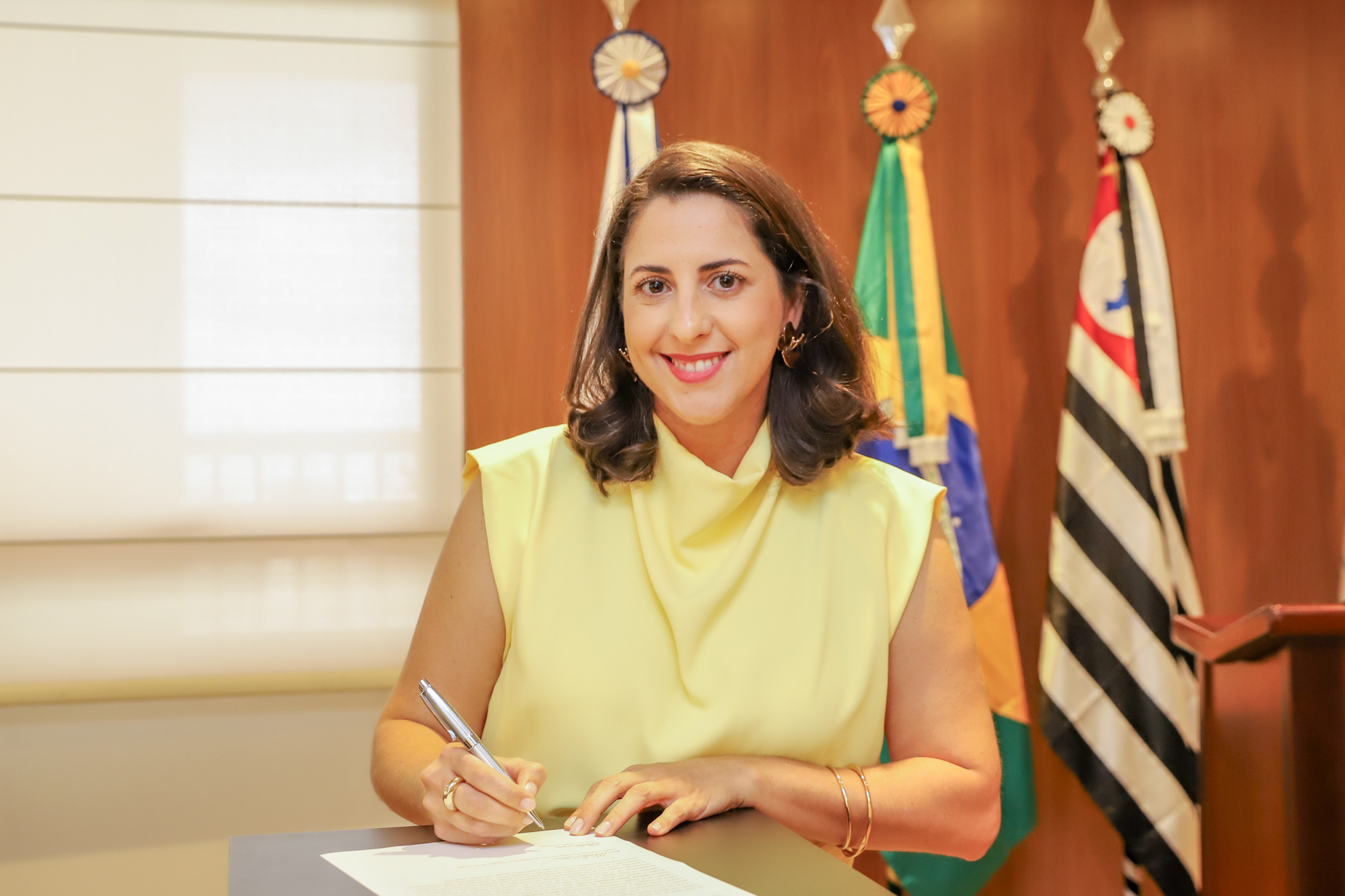 juíza Iara assina o termo de posse que está sobre um dispositivo de madeira. Ao fundo, três bandeiras.