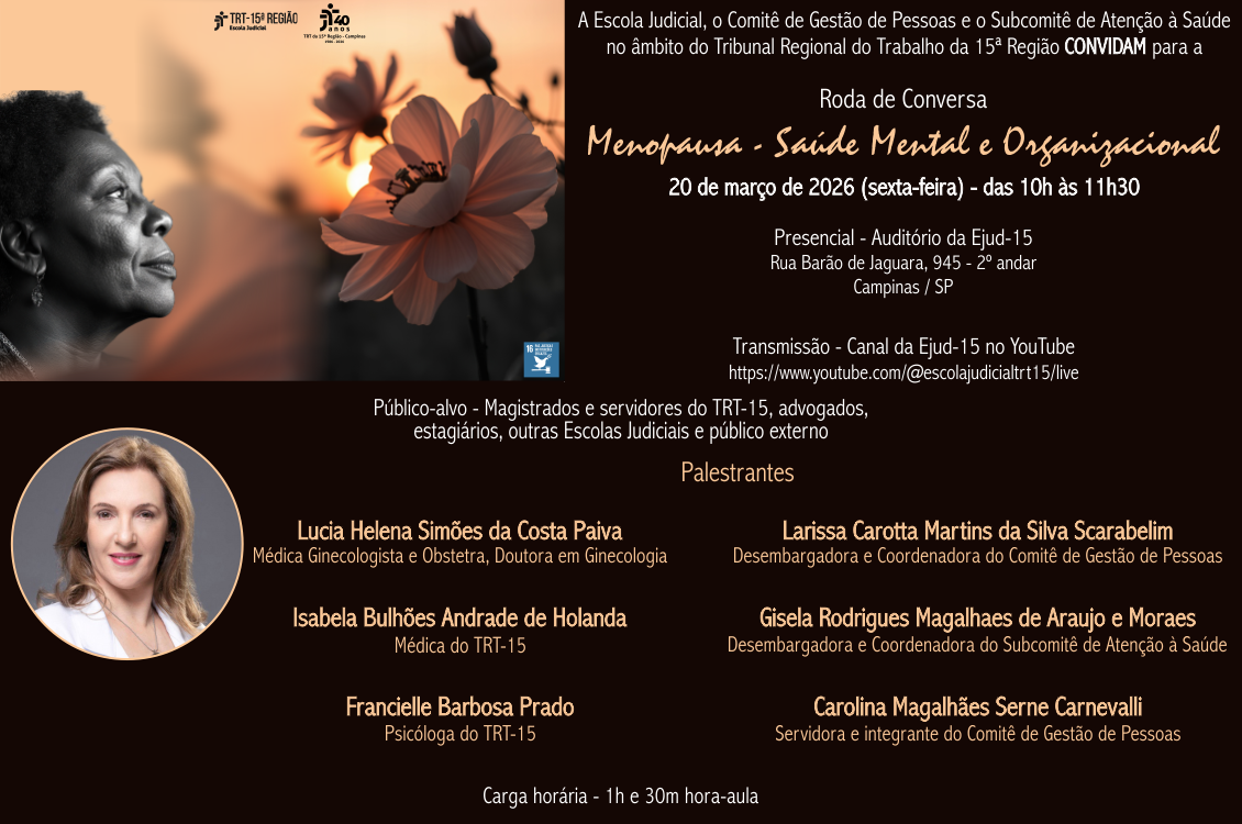 quadro de fundo preto com o detalhamento do evento e fotos. Uma no alto da página à esquerda da tela,  com uma mulher negra próxima a flores, e outra da palestrante no rodapé, também à esquerda.