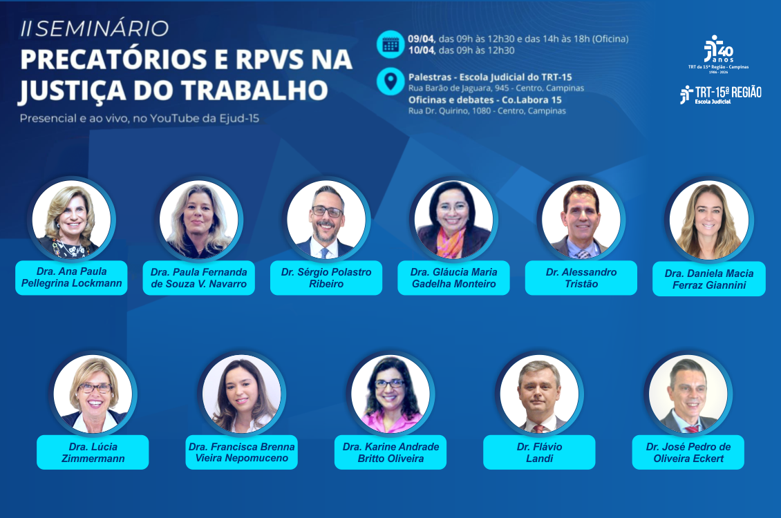 quadro azul com fotos de todos os palestrantes e dados do evento