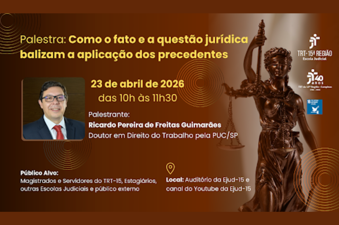 quadro de fundo marron com detalhes do evento escritos em amarelo e branco, foto do palestrante, e estátua da Justiça na lateral direita da imagem