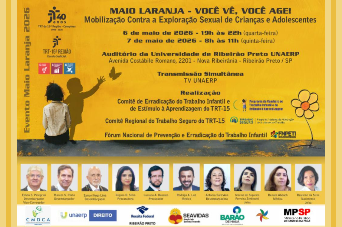 banner em amarelo e laranja com os detalhes do seminário e fotos dos palestrantes