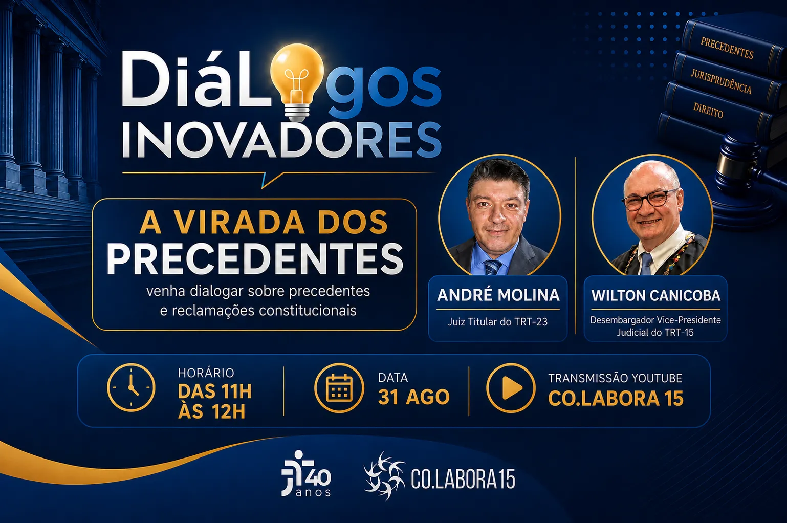 Banner  de fundo azul escuro explicativo do evento com fotos dos interlocutores