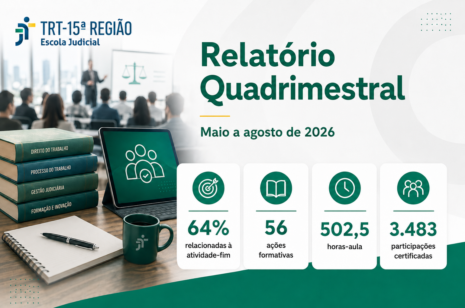 imagem em verde e branco, com livros e professor dando aula e dados do relatório quadrimestral