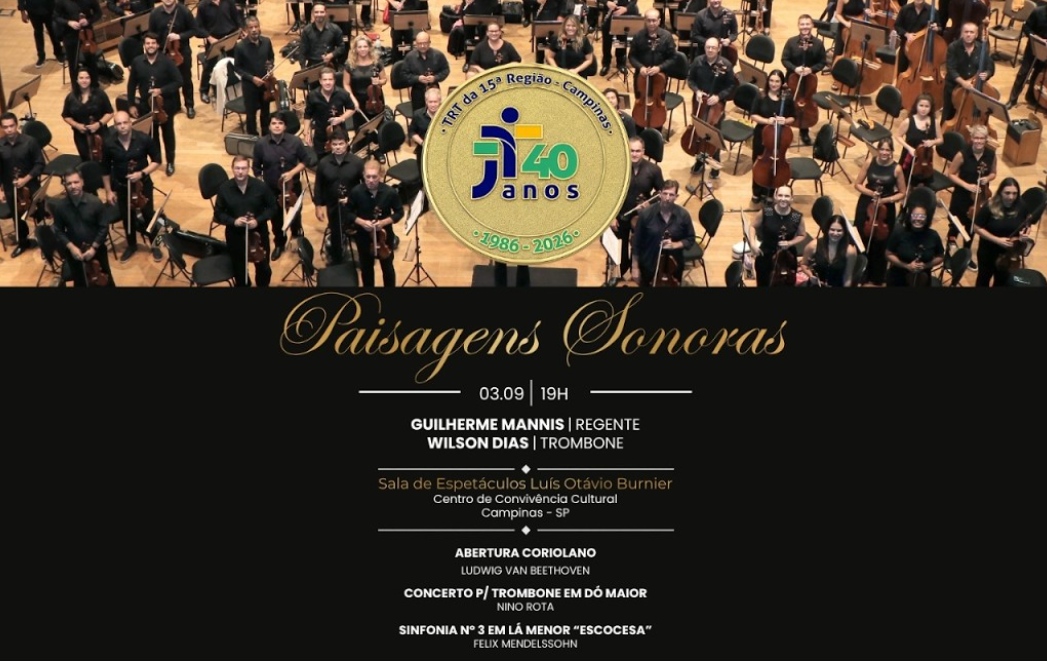 imagem da orquestra, foto da moeda comemorativa dos 40 anos, e uma quadro preto com o programa do concerto em branco e dourado
