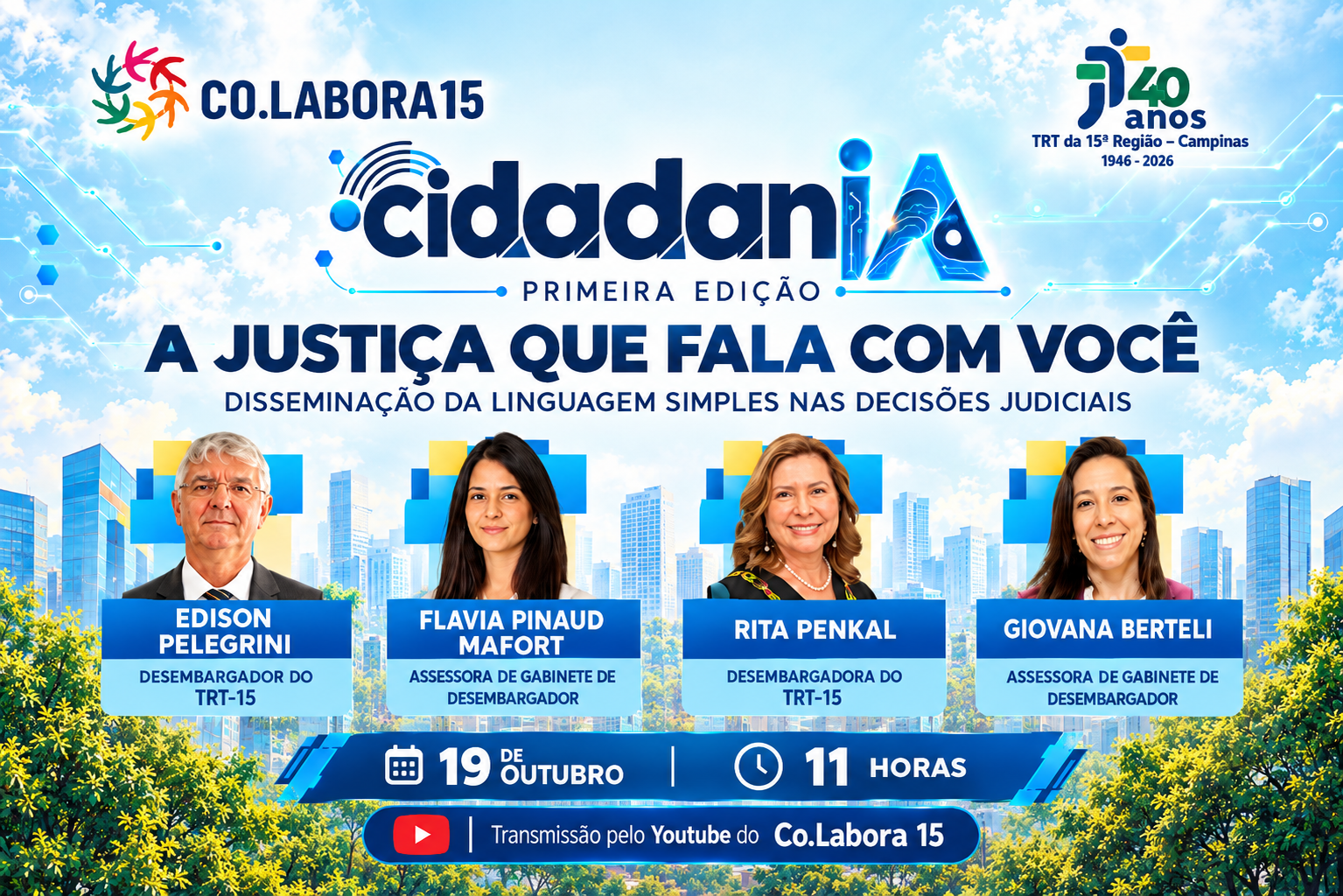 Banner explicativo do evento, com fundo azul e foto dos palestrantes
