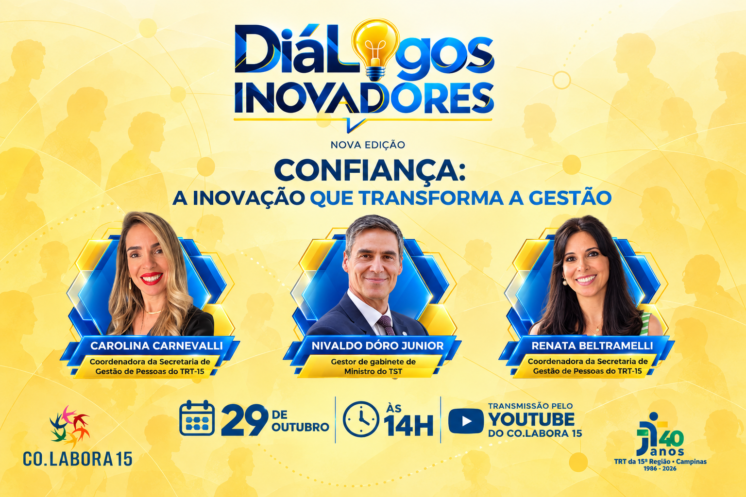 quadro de fundo amarelo com as fotos dos palestrantes e dizeres em azul sobre o evento