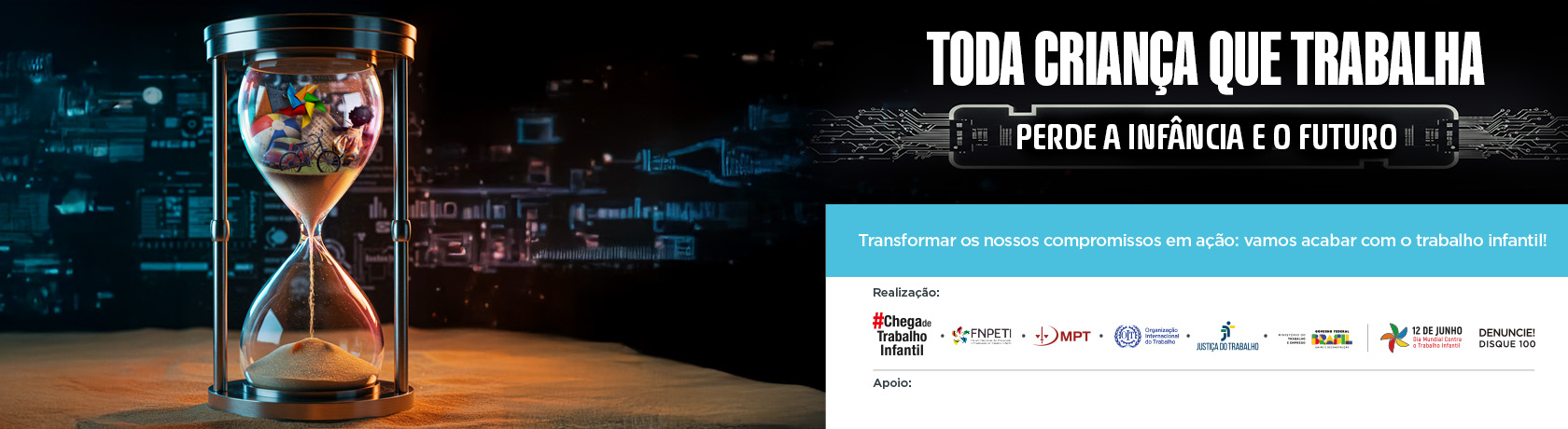 ampulheta com brinquedos dentro e slogan da campanha