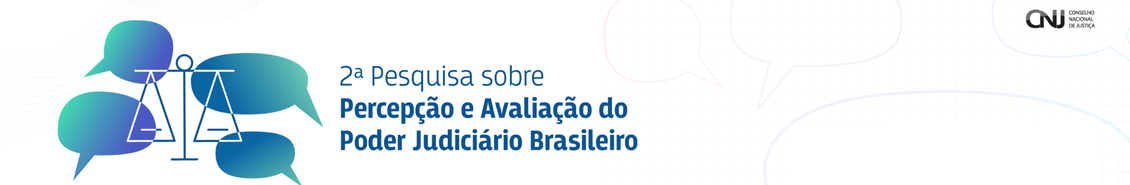 quadro branco, com balões de mensagem em azul e os dizeres Pesquisa sobre Percepção e Avaliação do Poder Judiciário Brasileiro