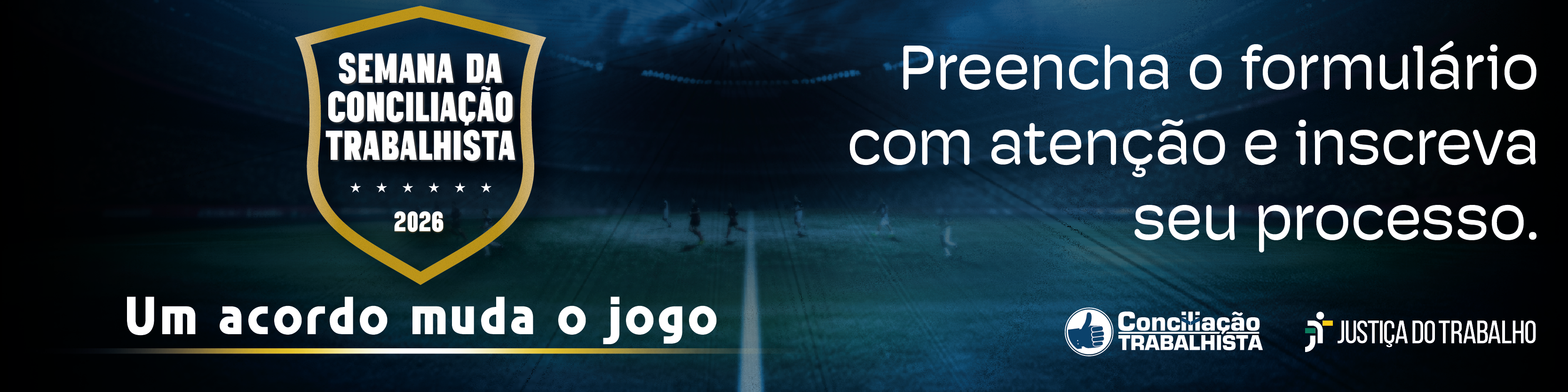 slide temático da semana da conciliação inspirada na copa do mundo, com slogan e indicação para preenchimento de formulário para participar