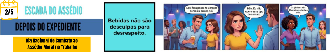 imagem com data de 2 de maio e desenhos em qudrinhos simulando situações de assédio depois do expediente