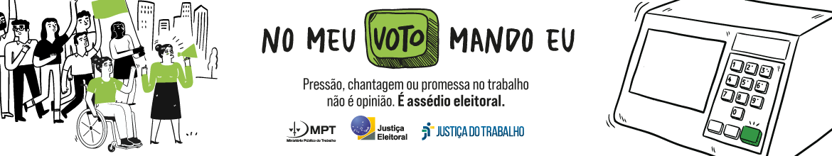 banner de fundo branco com o slogan "No Meu Voto Mando Eu", logotipo dos parceiros e uma urna estilizada
