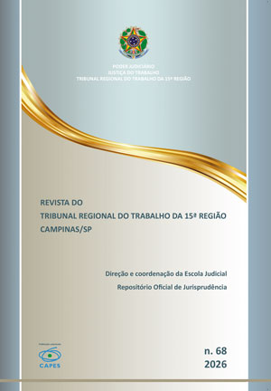 "Capa da Revista do TRT da 15ª Região, edição 68, com fundo em tons de azul e cinza, faixa dourada ondulada ao centro, brasão da República no topo, selo Capes no canto inferior esquerdo e número da edição no canto inferior direito."