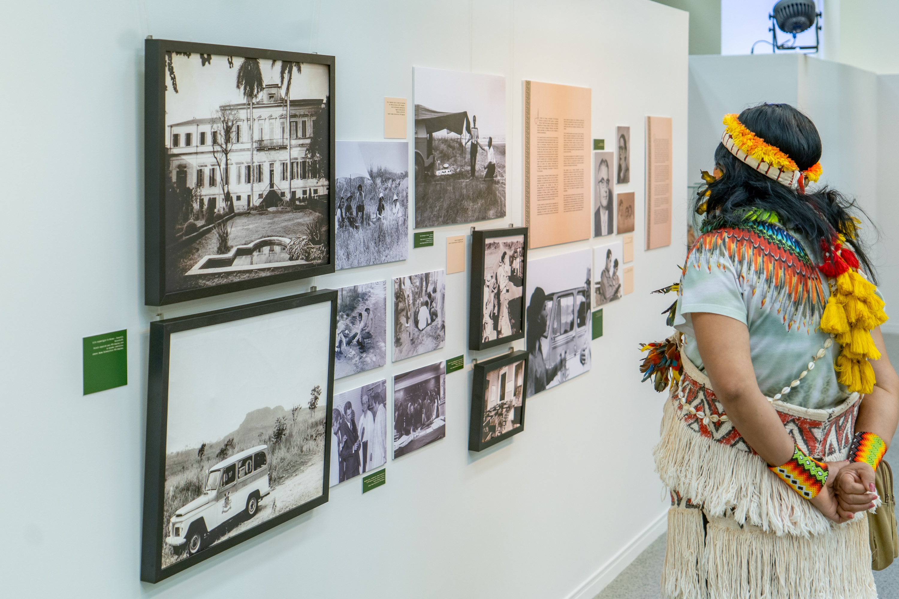 "mulher indígena observa documentos e fotos em exposição"