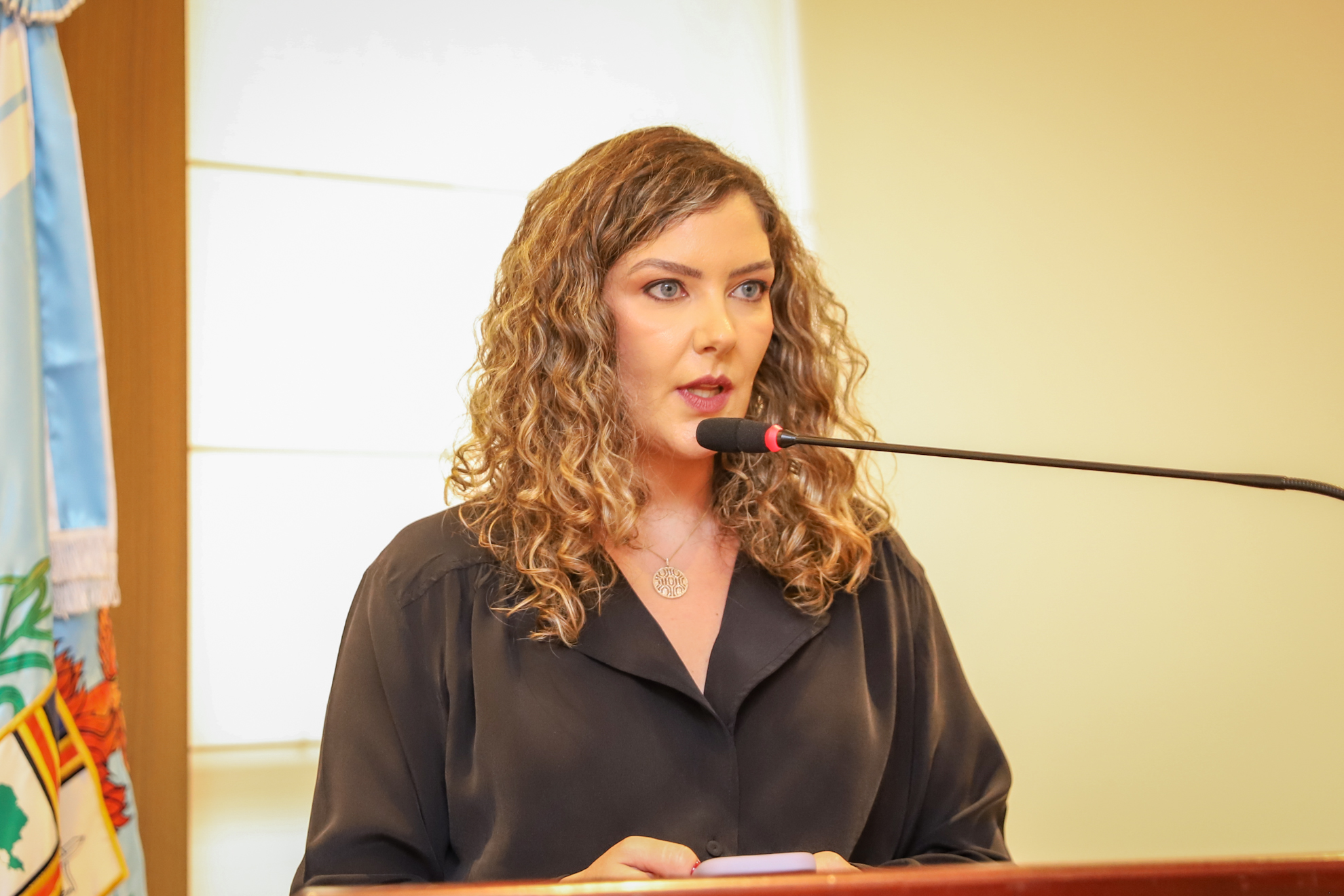 "A juíza Francieli fala ao microfone"