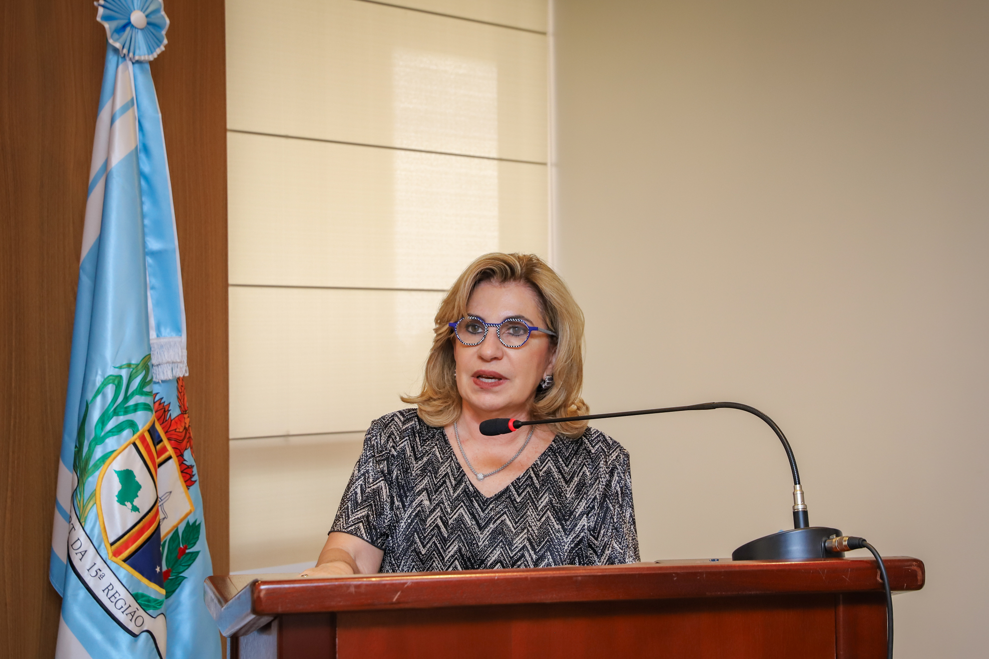 "A presidente Ana Paula fala ao microfone"