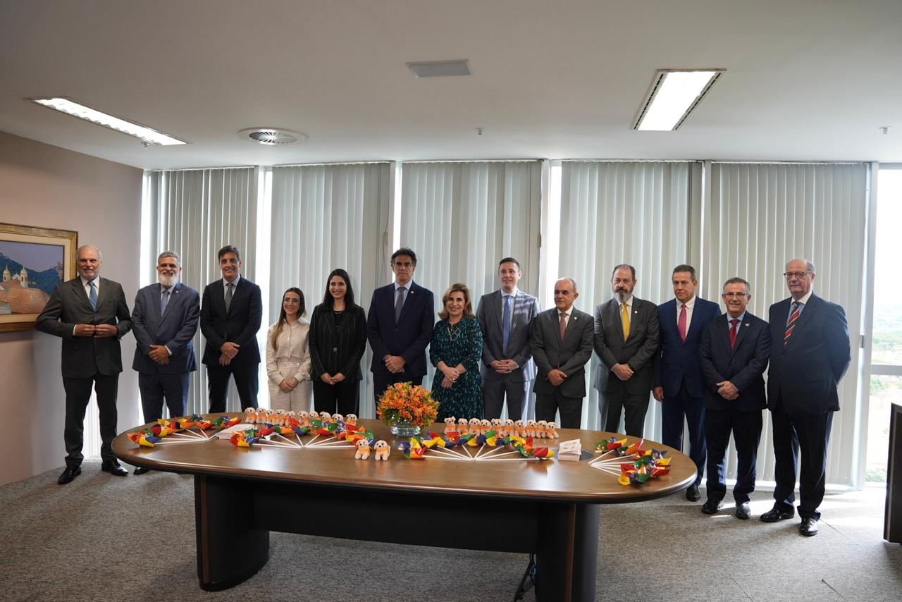 "13 pessoas em pé, posando para foto, entre homens e mulheres, atrás de uma mesa de madeira com cata-ventos e cachorrinhos de pelúcia, o mascote da Adimax"
