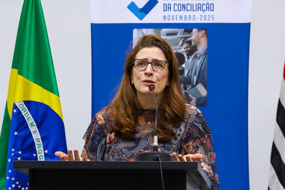 "Advogada Luciana Freitas fala ao microfone no púlpito de madeira. Ao fundo, banner alusivo à campanha, entre bandeiras do Brasil e do Estado de São Paulo"